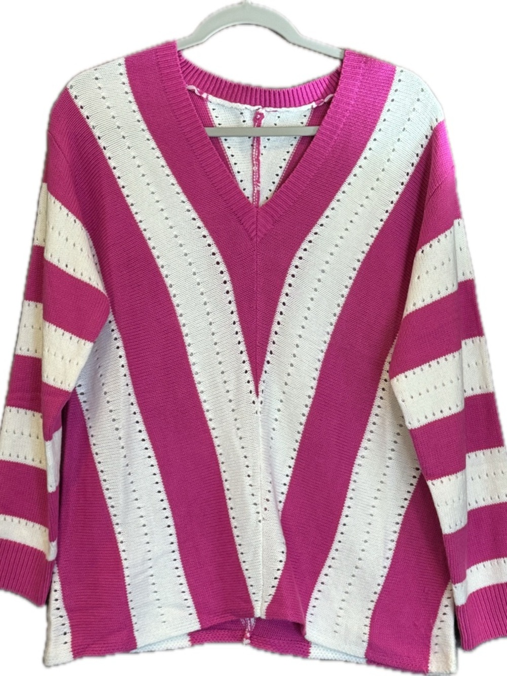 Fuchsia & Cream V‑Neck Striped Women’s Sweater